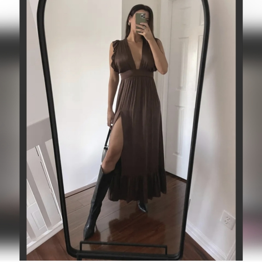 Sleeveless Deep V Maxi Dress with Side Slit - Brown
